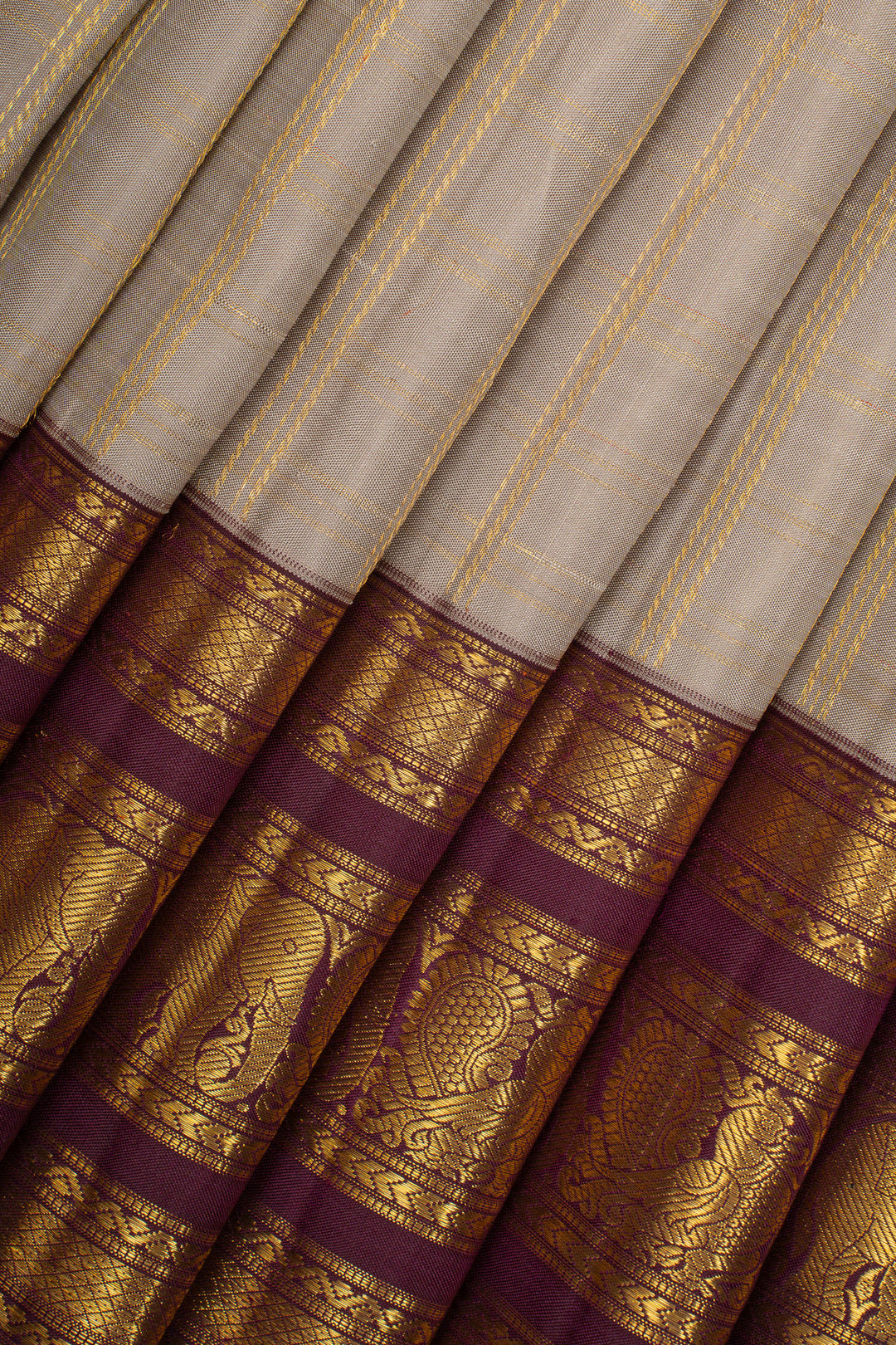 Greyish gold and purple traditional pure kanchipuram silk saree