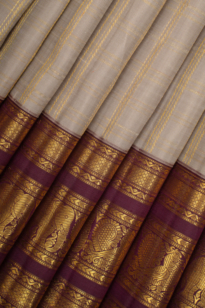 Greyish gold and purple traditional pure kanchipuram silk saree