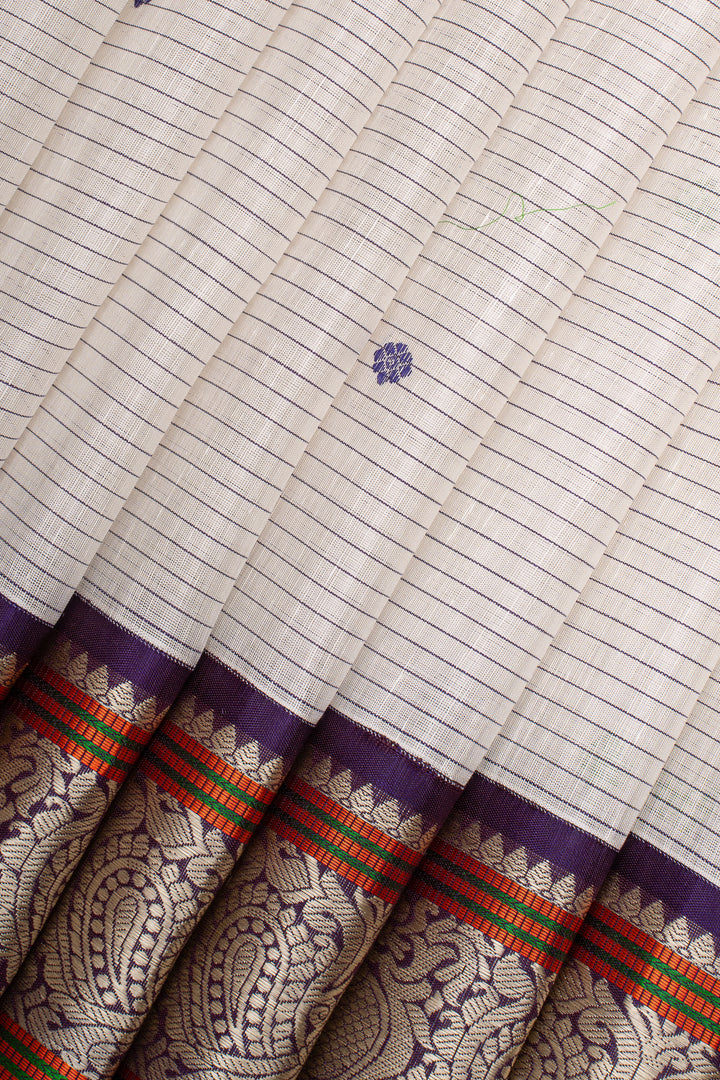 Off White Thread Stripes Linen Kanchipuram Silk Saree