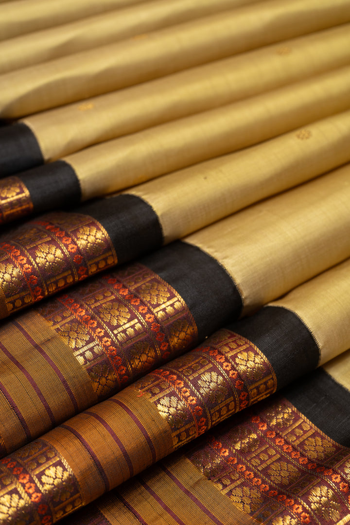 Golden Green and Maroon Pure Zari Kanchipuram Silk Saree - Clio Silks