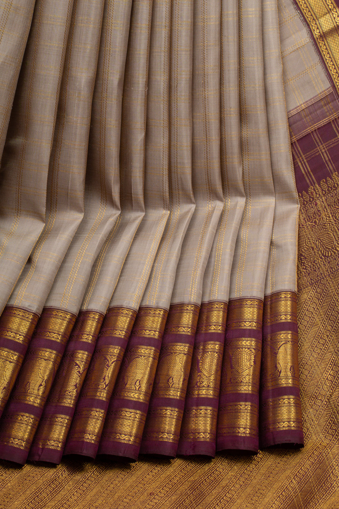 Greyish gold and purple traditional pure kanchipuram silk saree