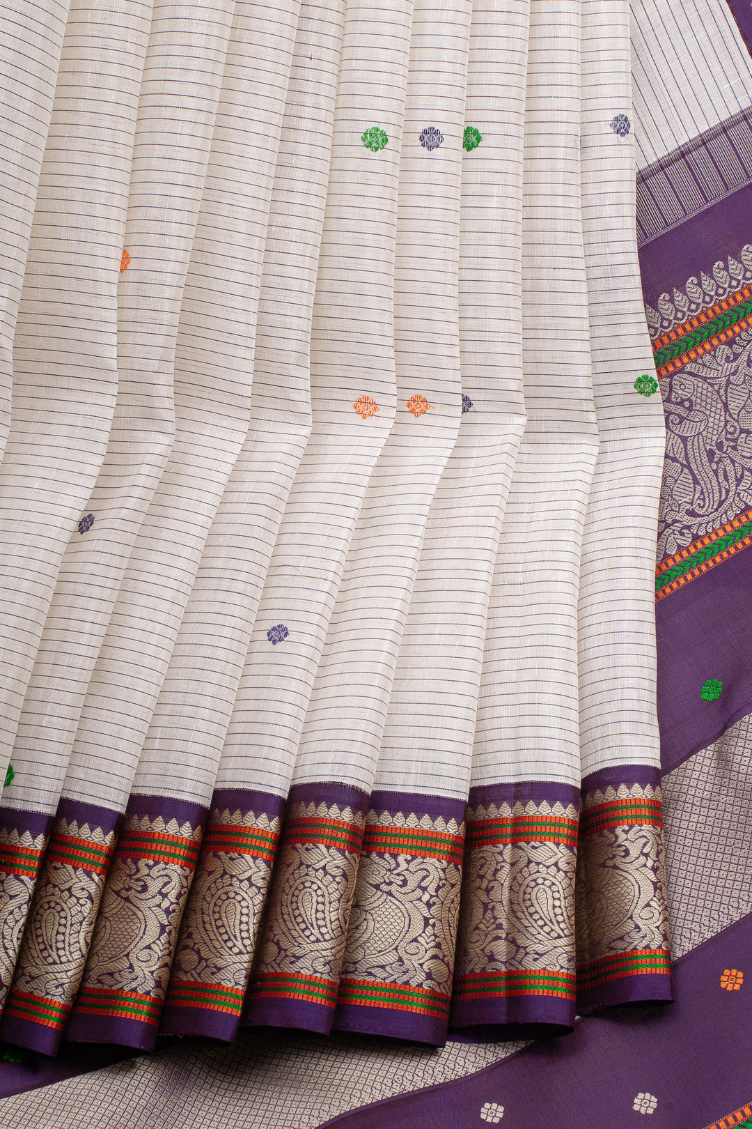 Off White Thread Stripes Linen Kanchipuram Silk Saree