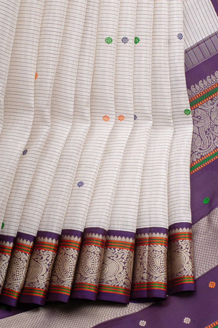 Off White Thread Stripes Linen Kanchipuram Silk Saree