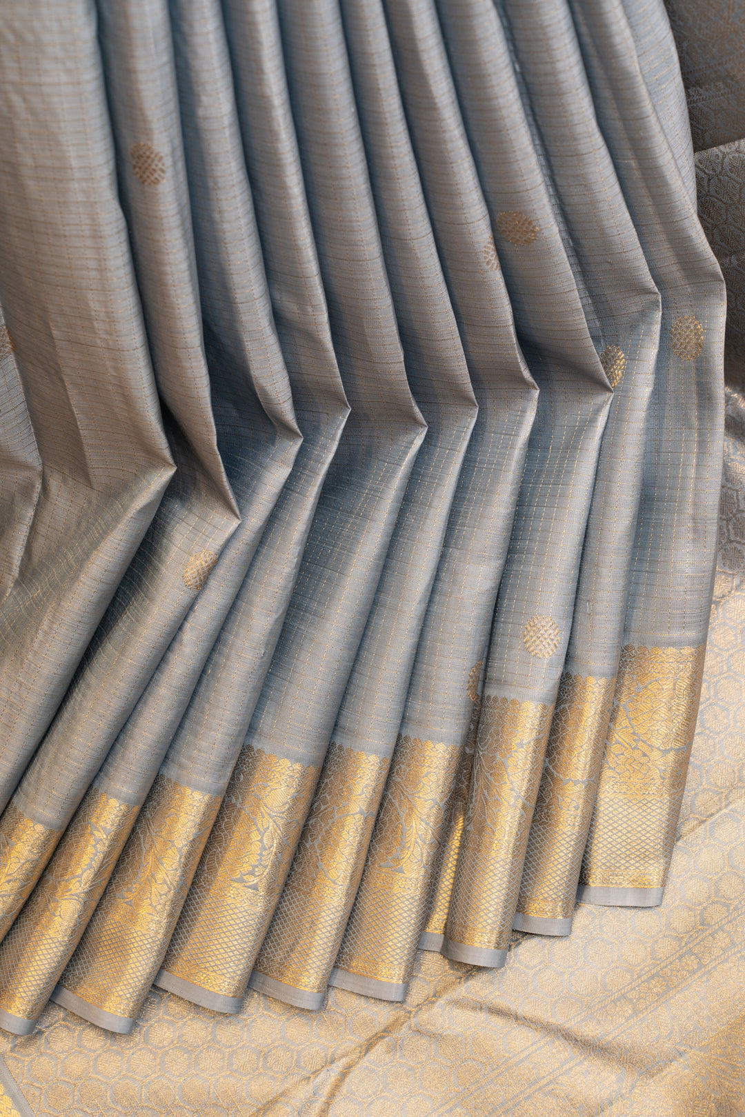 Silverish grey zari checks pure Kanchipuram silk saree