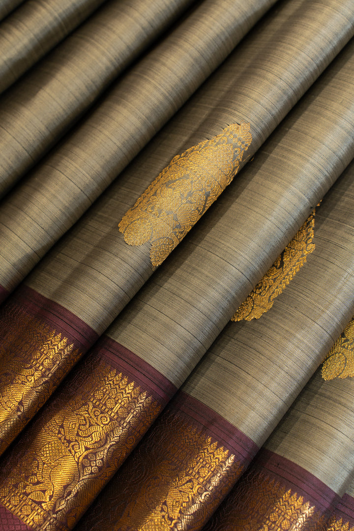 Grey and mauve rettai pettu pure Kanchipuram silk saree