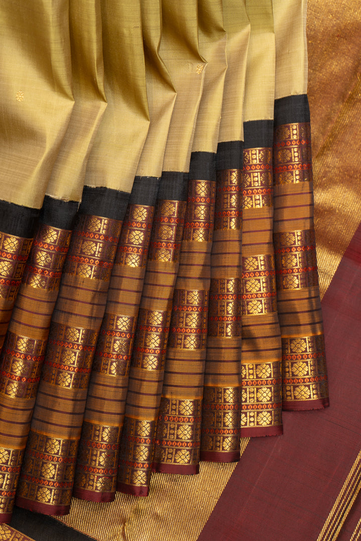 Golden Green and Maroon Pure Zari Kanchipuram Silk Saree - Clio Silks