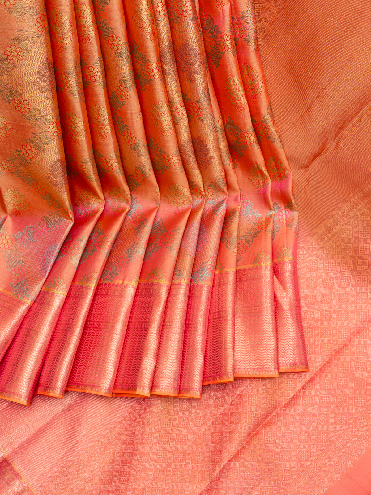 Peach Brocade Pure Kanchipuram Silk Saree - Clio Silks