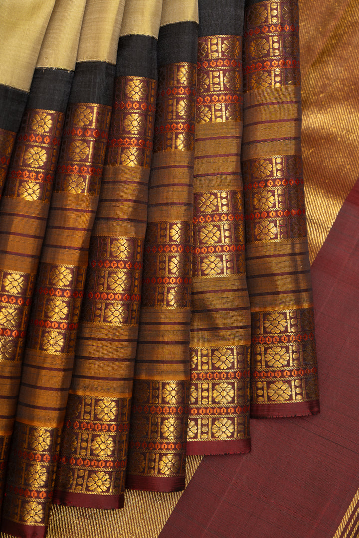 Golden Green and Maroon Pure Zari Kanchipuram Silk Saree - Clio Silks
