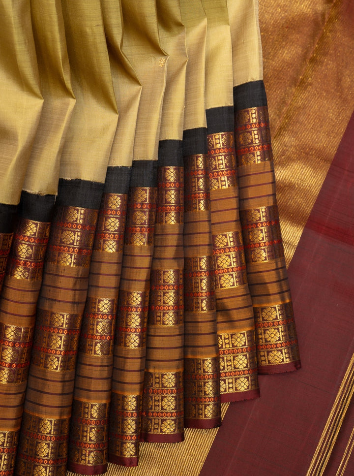 Golden Green and Maroon Pure Zari Kanchipuram Silk Saree - Clio Silks
