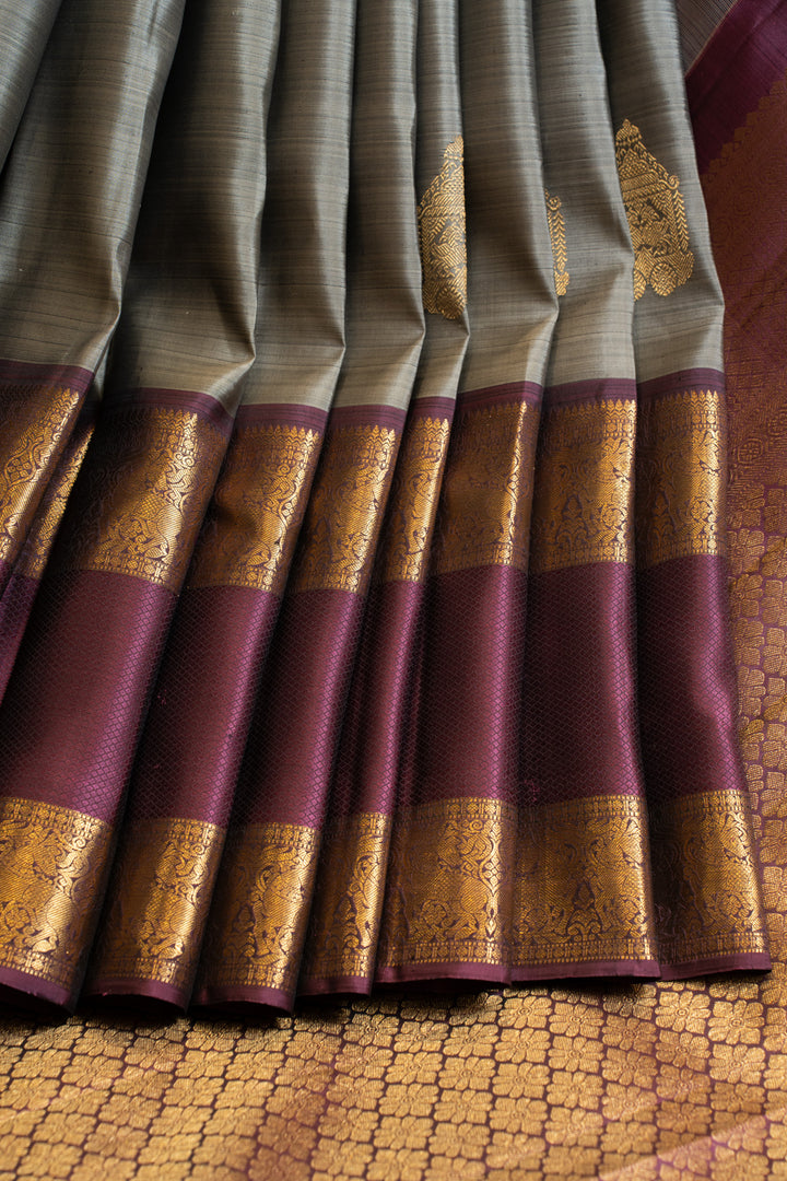 Grey and mauve rettai pettu pure Kanchipuram silk saree