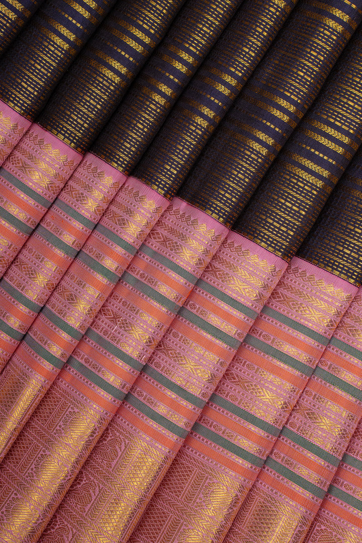 Blue &amp; Pink Zari Stripes Varisaipettu Pure Kanchipuram Silk Saree