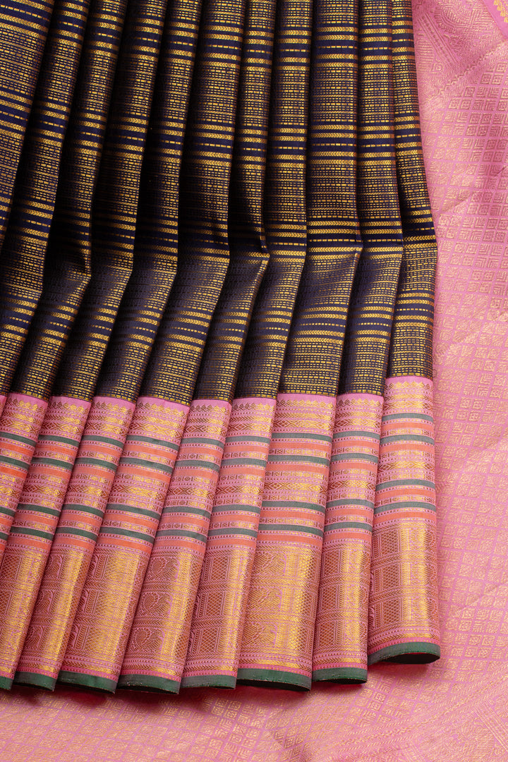 Blue &amp; Pink Zari Stripes Varisaipettu Pure Kanchipuram Silk Saree