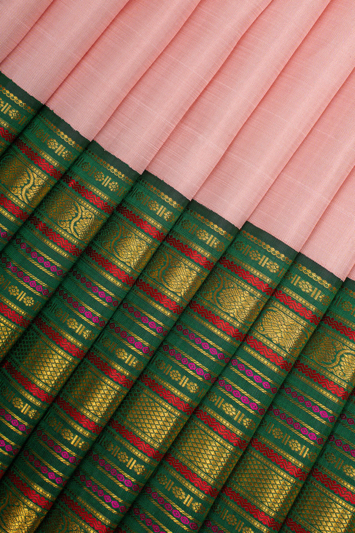 Baby Pink &amp; Green Varisaipettu Pure Kanchipuram Silk Saree