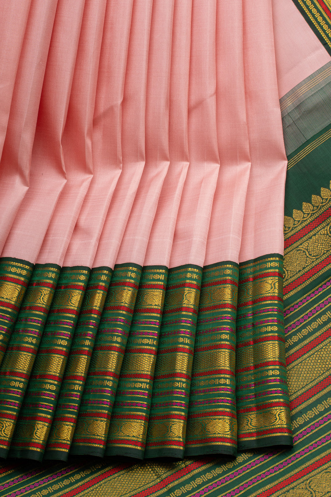 Baby Pink &amp; Green Varisaipettu Pure Kanchipuram Silk Saree