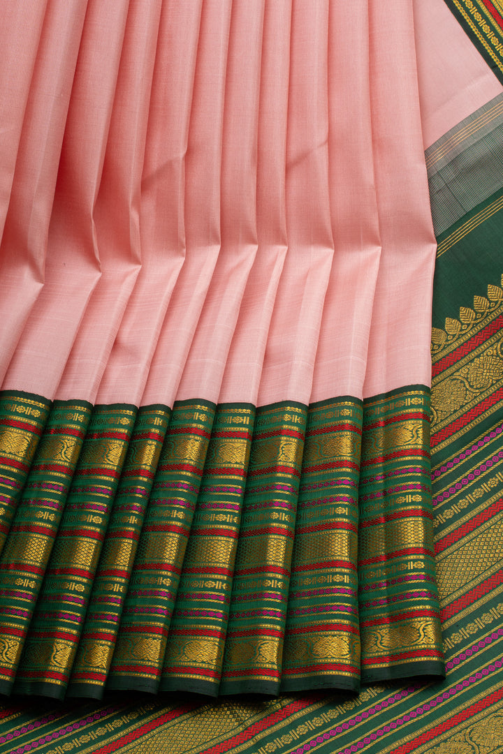 Baby Pink &amp; Green Varisaipettu Pure Kanchipuram Silk Saree