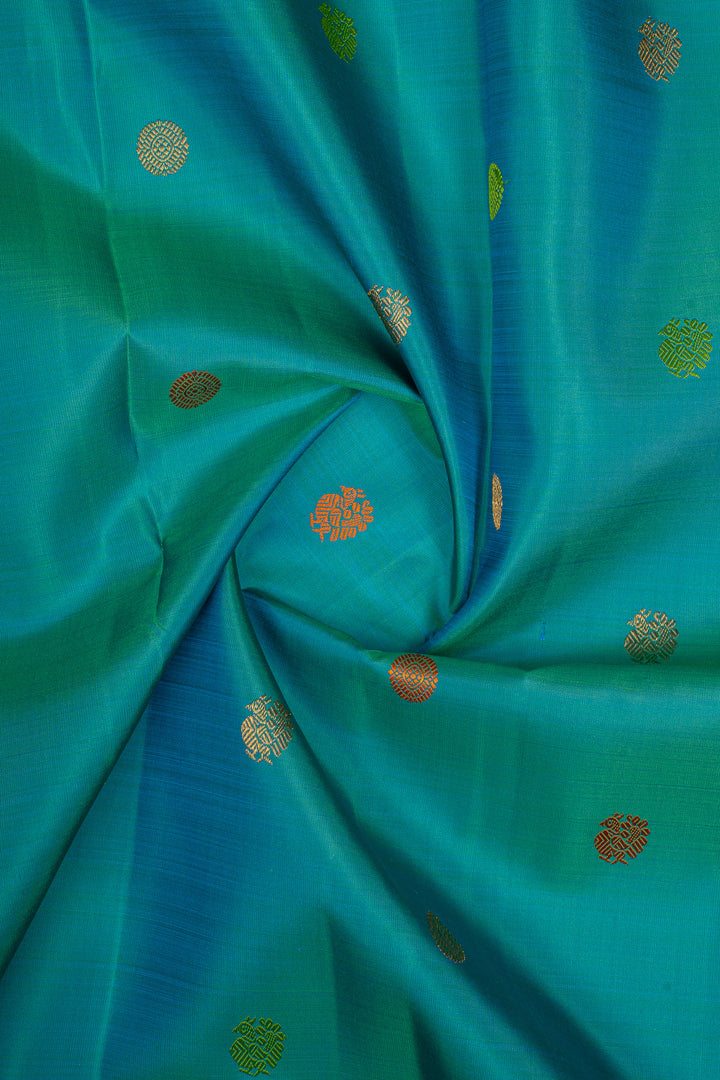 Peacock Blue &amp; Baby Pink Varisaipettu Pure Kanchipuram Silk Saree