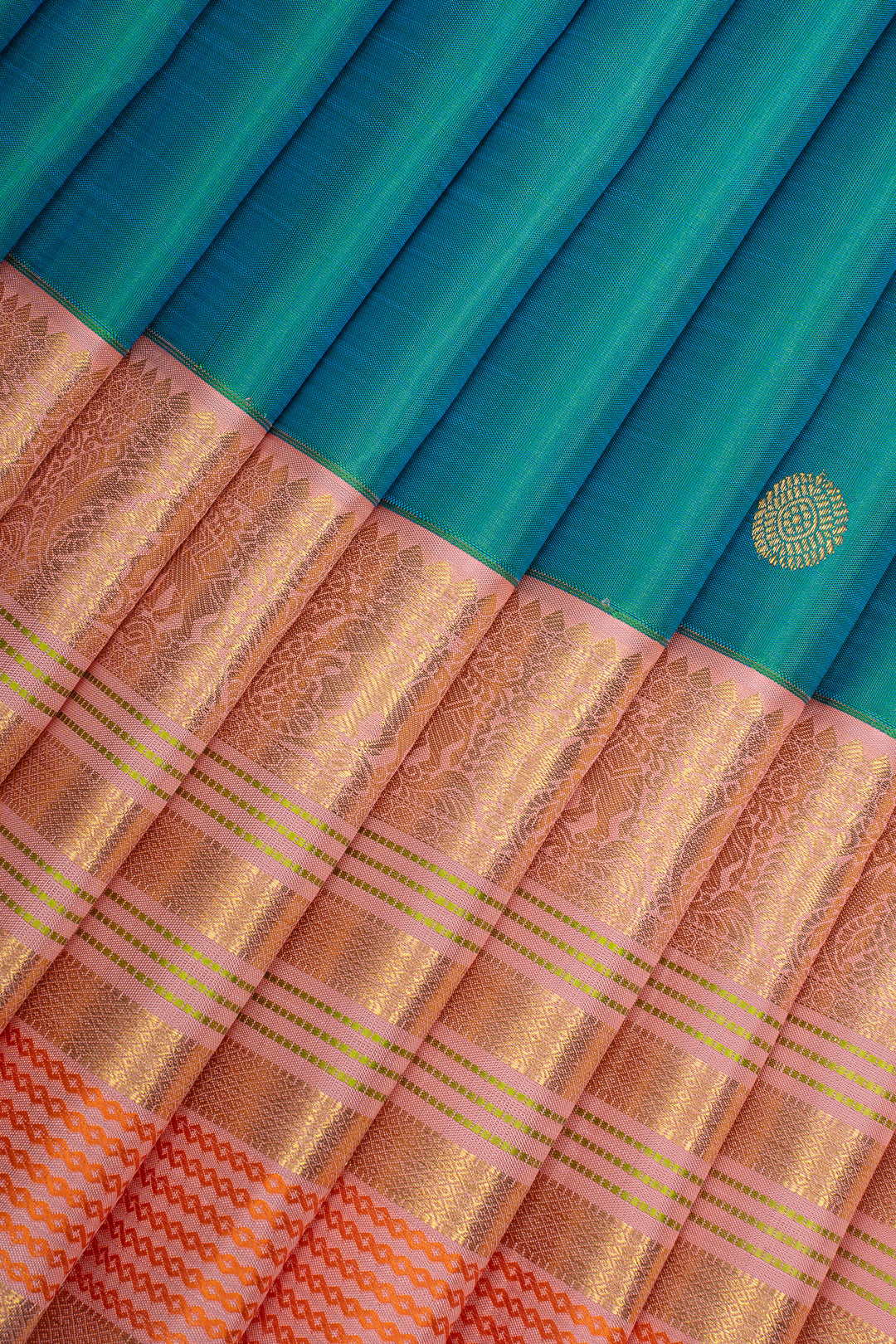 Peacock Blue &amp; Baby Pink Varisaipettu Pure Kanchipuram Silk Saree