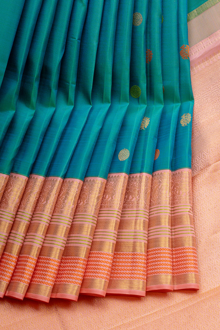 Peacock Blue &amp; Baby Pink Varisaipettu Pure Kanchipuram Silk Saree