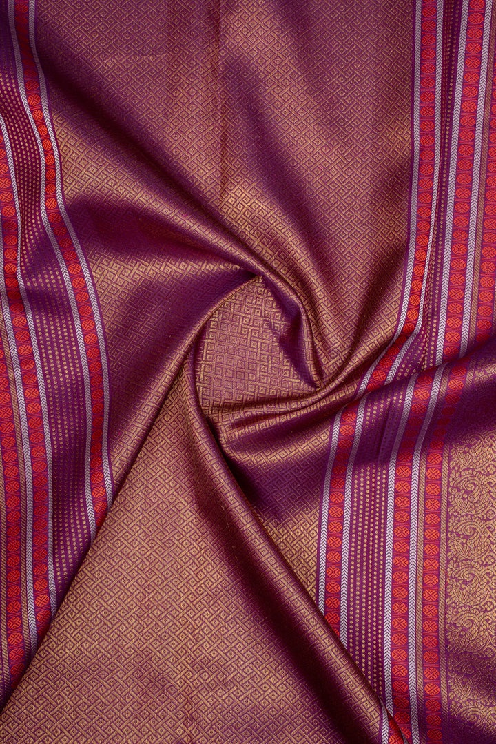 Peach &amp; Purple Varisaipettu Pure Kanchipuram Silk Saree