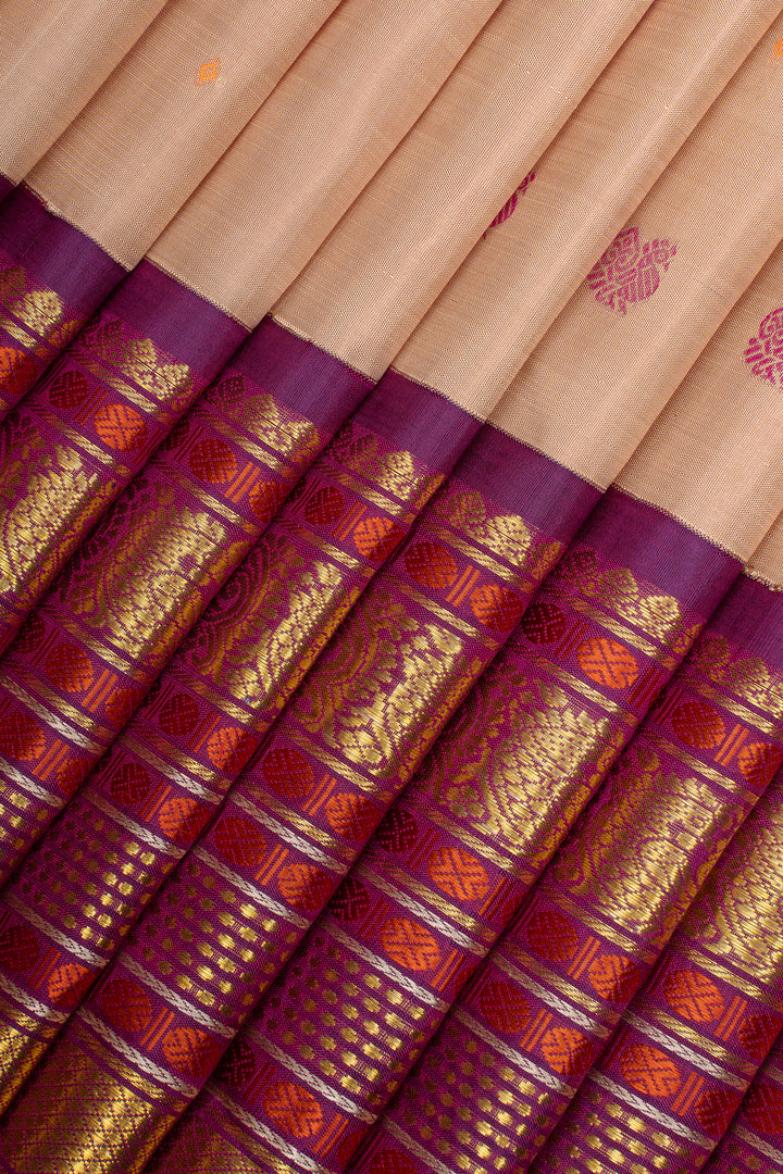 Peach &amp; Purple Varisaipettu Pure Kanchipuram Silk Saree