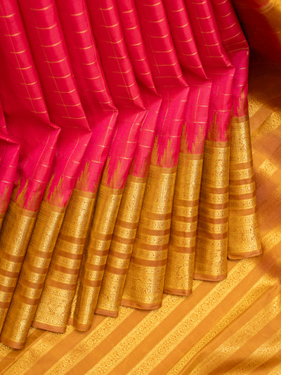 Pink Checks and Metallic Gold Pure Zari Kanchipuram Silk Saree