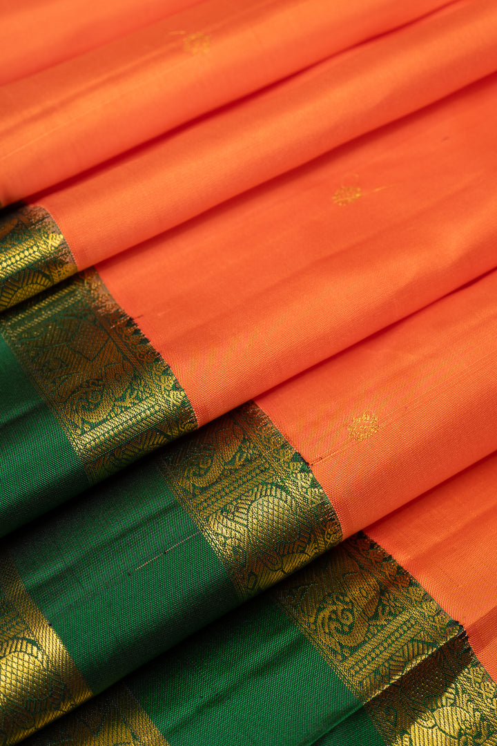 Orange and Green Traditional Pure Kanchipuram Silk Saree - Clio Silks