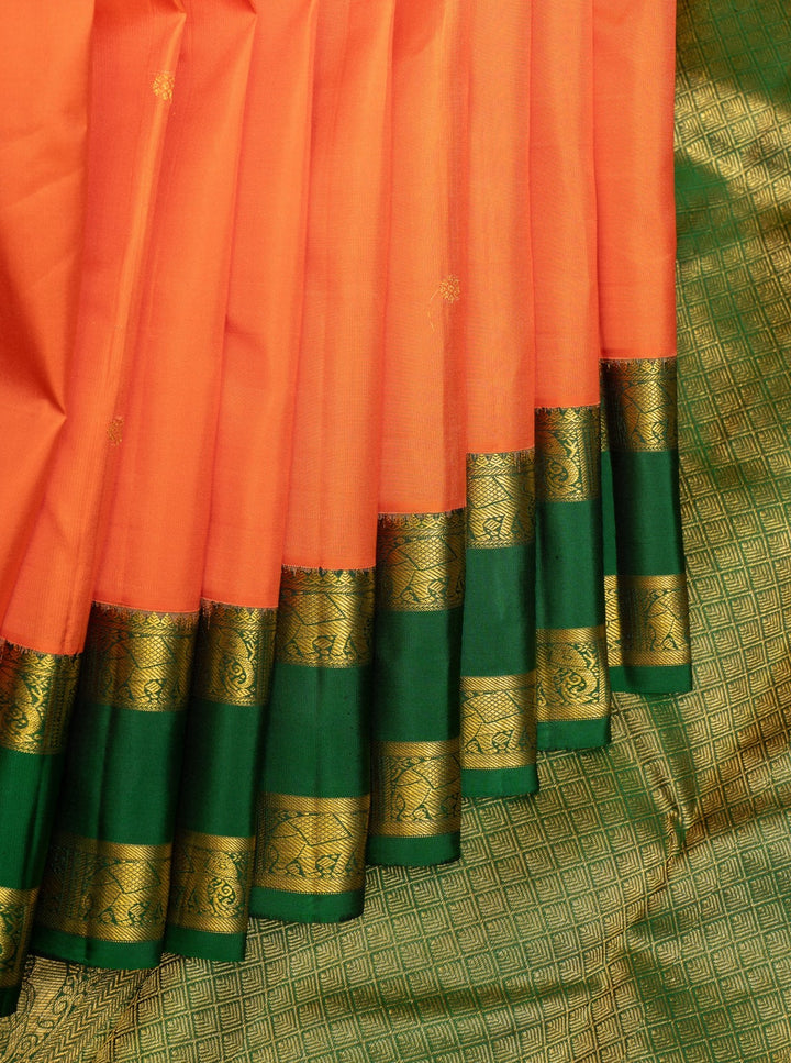 Orange and Green Traditional Pure Kanchipuram Silk Saree - Clio Silks