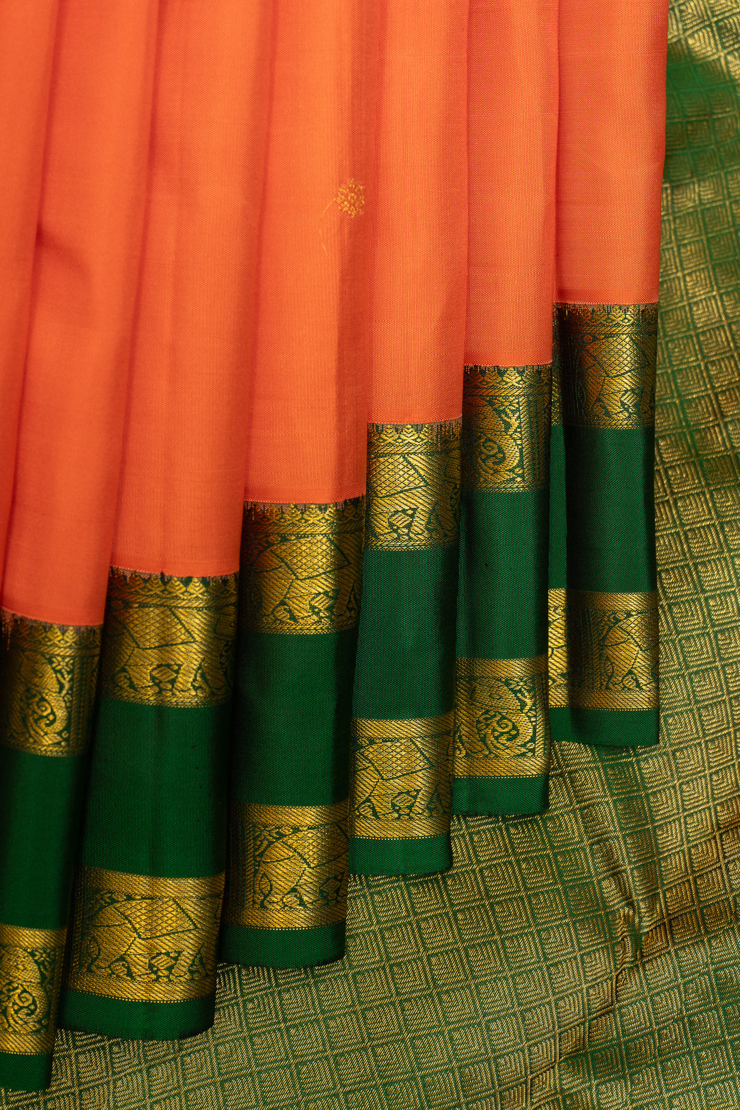 Orange and Green Traditional Pure Kanchipuram Silk Saree - Clio Silks
