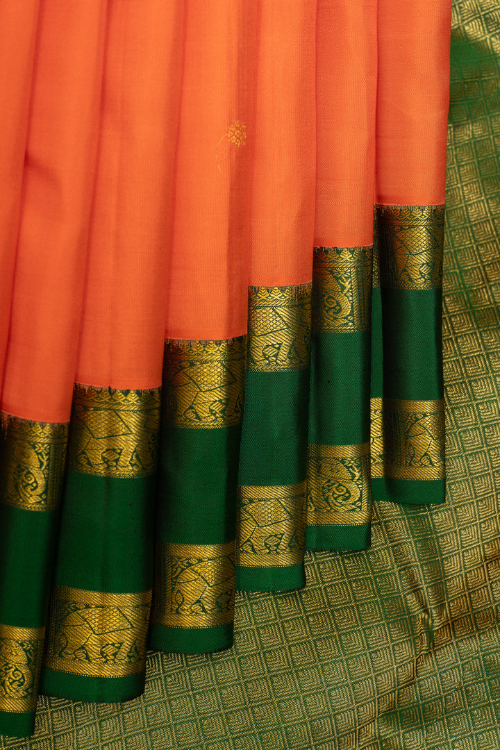 Orange and Green Traditional Pure Kanchipuram Silk Saree - Clio Silks