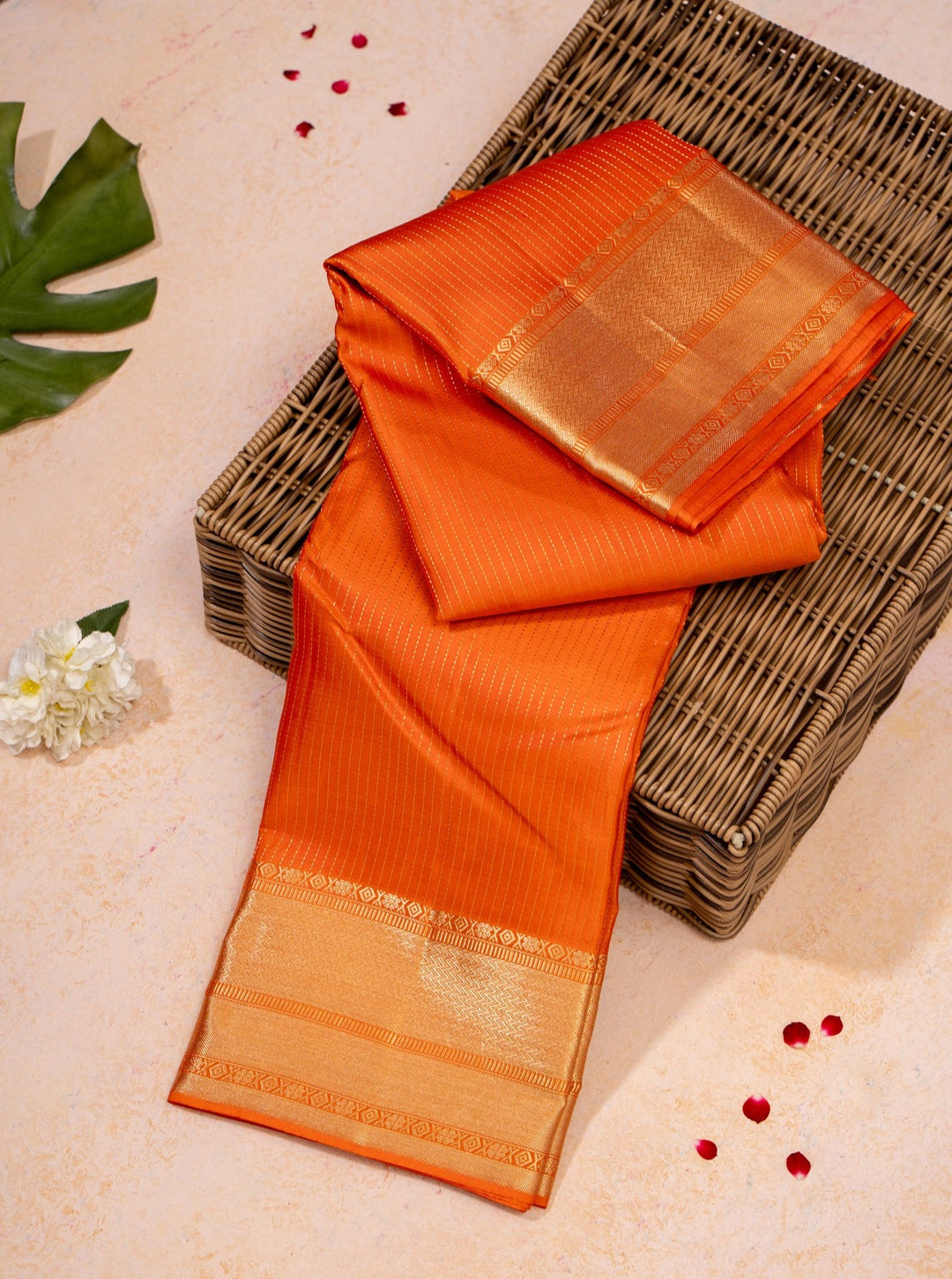 Orange Stripes Pure Kanchipuram Silk Saree - Clio Silks