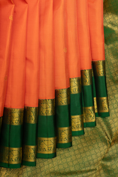 Orange and Green Traditional Pure Kanchipuram Silk Saree - Clio Silks