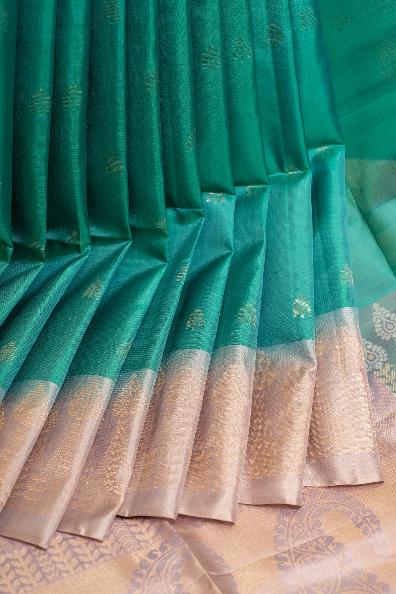 Peacock blue and lilac pure soft silk saree