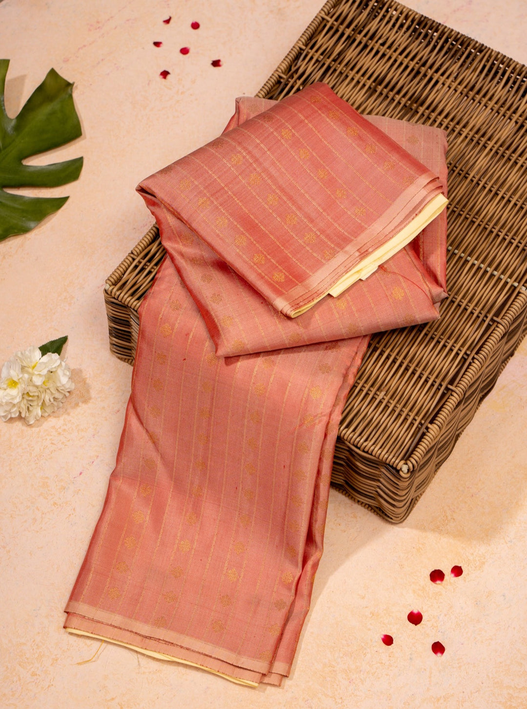 Peach Stripes Pure Kanchipuram Silk Saree - Clio Silks