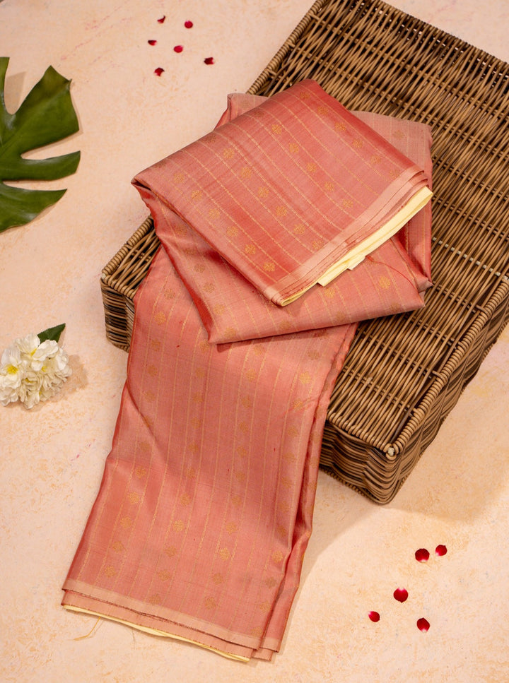 Peach Stripes Pure Kanchipuram Silk Saree - Clio Silks
