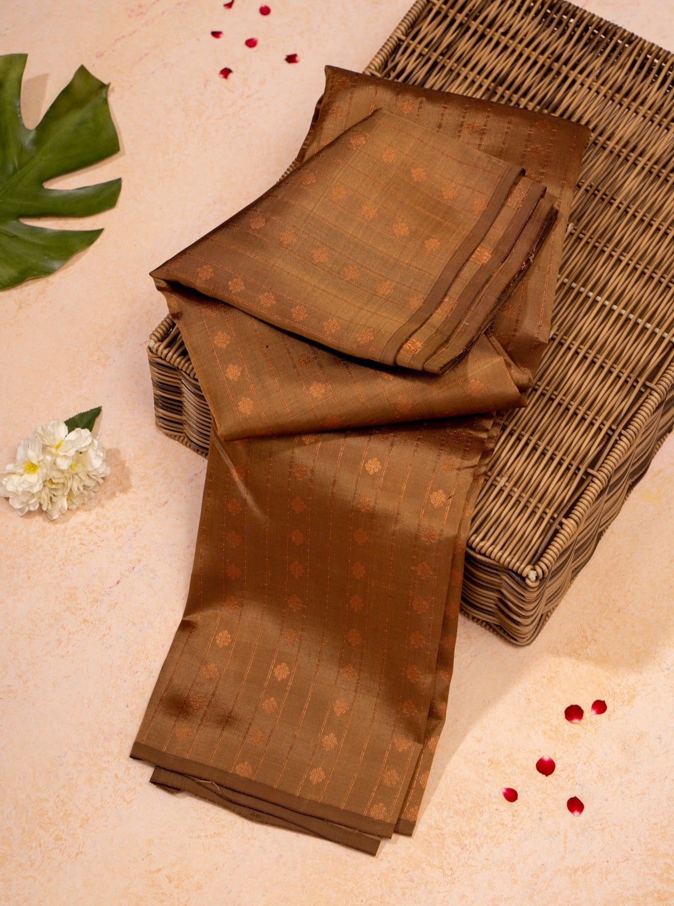 Khaki Brown Stripes Pure Kanchipuram Silk Saree - Clio Silks