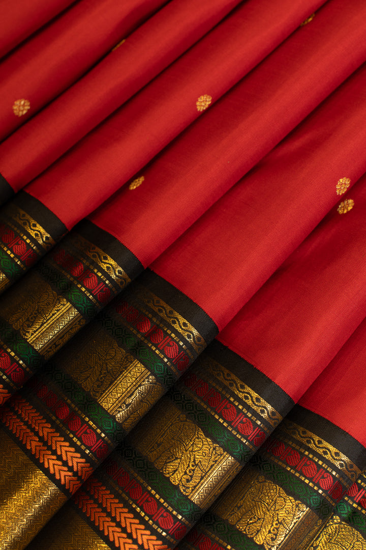 Deep red and black varisaipettu pure zari Kanchipuram silk saree