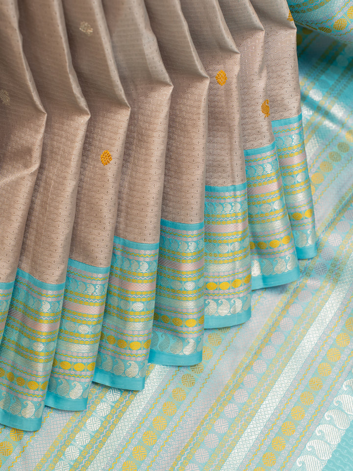Pewter Grey and Blue Thread Jacquard Pure Zari Kanchipuram Silk Saree