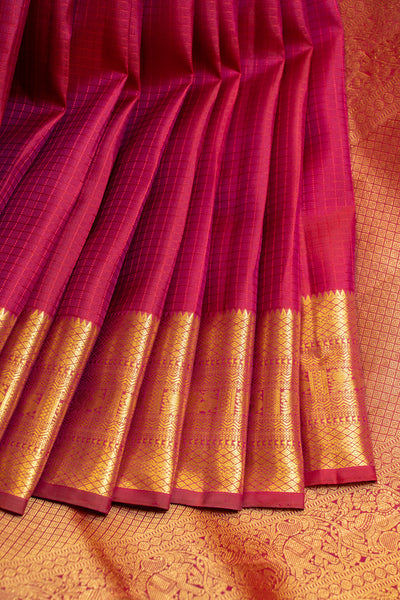 Magenta thread checks traditional pure Kanchipuram silk saree