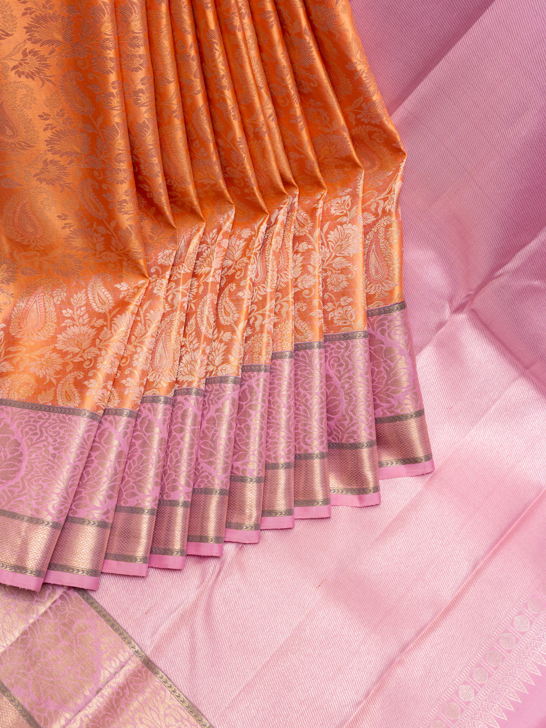 Peach Half & Half Brocade Pure Kanchipuram Silk Saree - Clio Silks