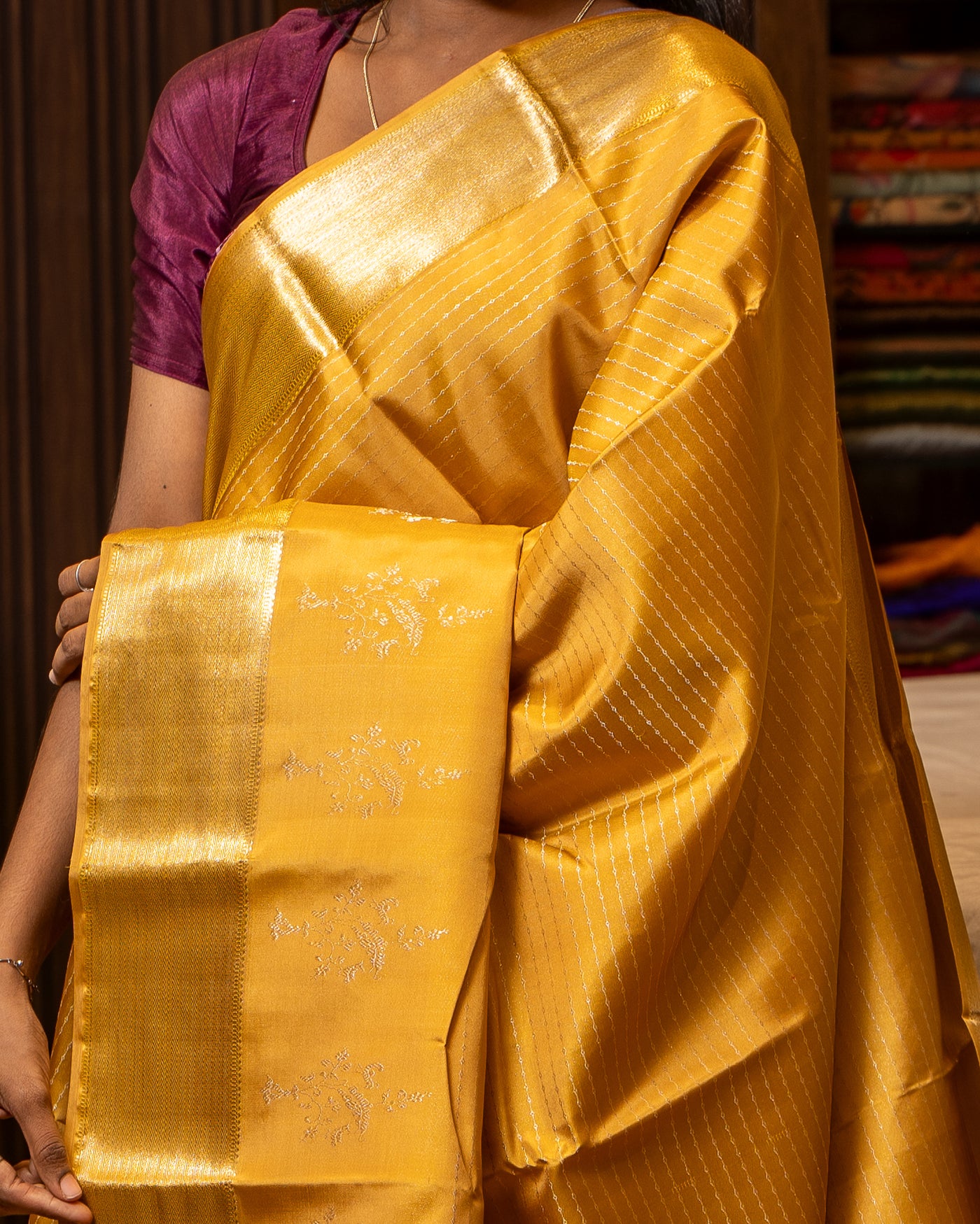 Golden Yellow Stripes Pure Kanchipuram Silk Saree - Clio Silks