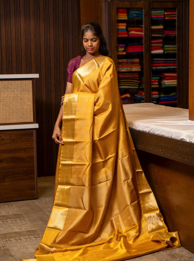 Golden Yellow Stripes Pure Kanchipuram Silk Saree - Clio Silks