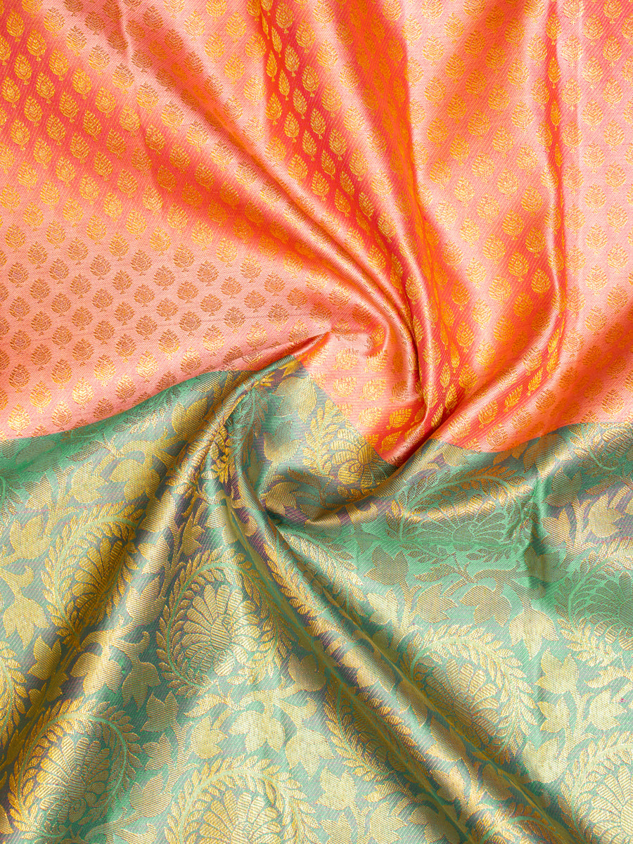 Pastel Blue and Peach Half & Half Pure Brocade Kanchipuram Silk Saree - Clio Silks