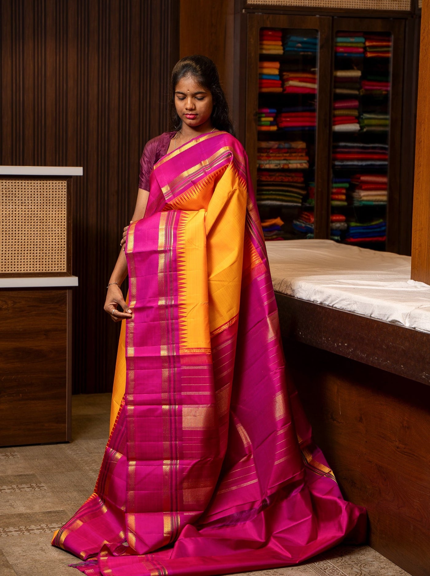 Mambalam Yellow and Magenta Pure Kanchipuram Silk Saree - Clio Silks