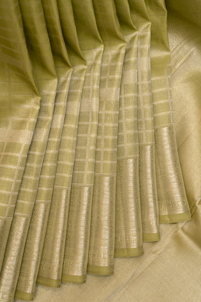 Pastel Green Zari Checks Pure Kanchipuram Silk Saree - Clio Silks