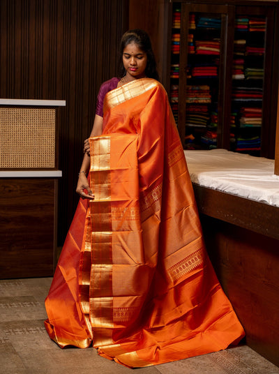 Orange Stripes Pure Kanchipuram Silk Saree - Clio Silks