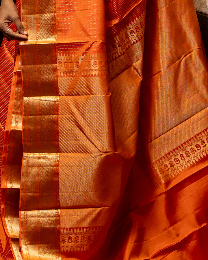 Orange Stripes Pure Kanchipuram Silk Saree - Clio Silks