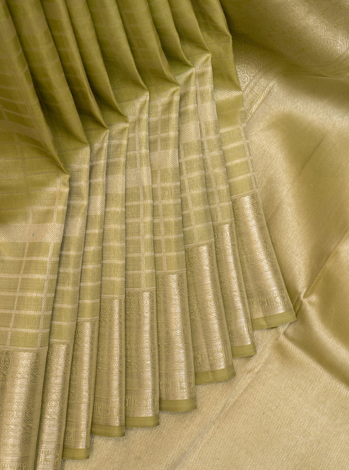 Pastel Green Zari Checks Pure Kanchipuram Silk Saree - Clio Silks