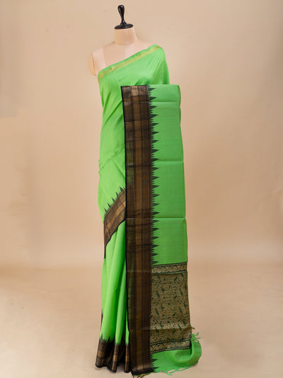 Apple green and black pure dupian raw silk saree