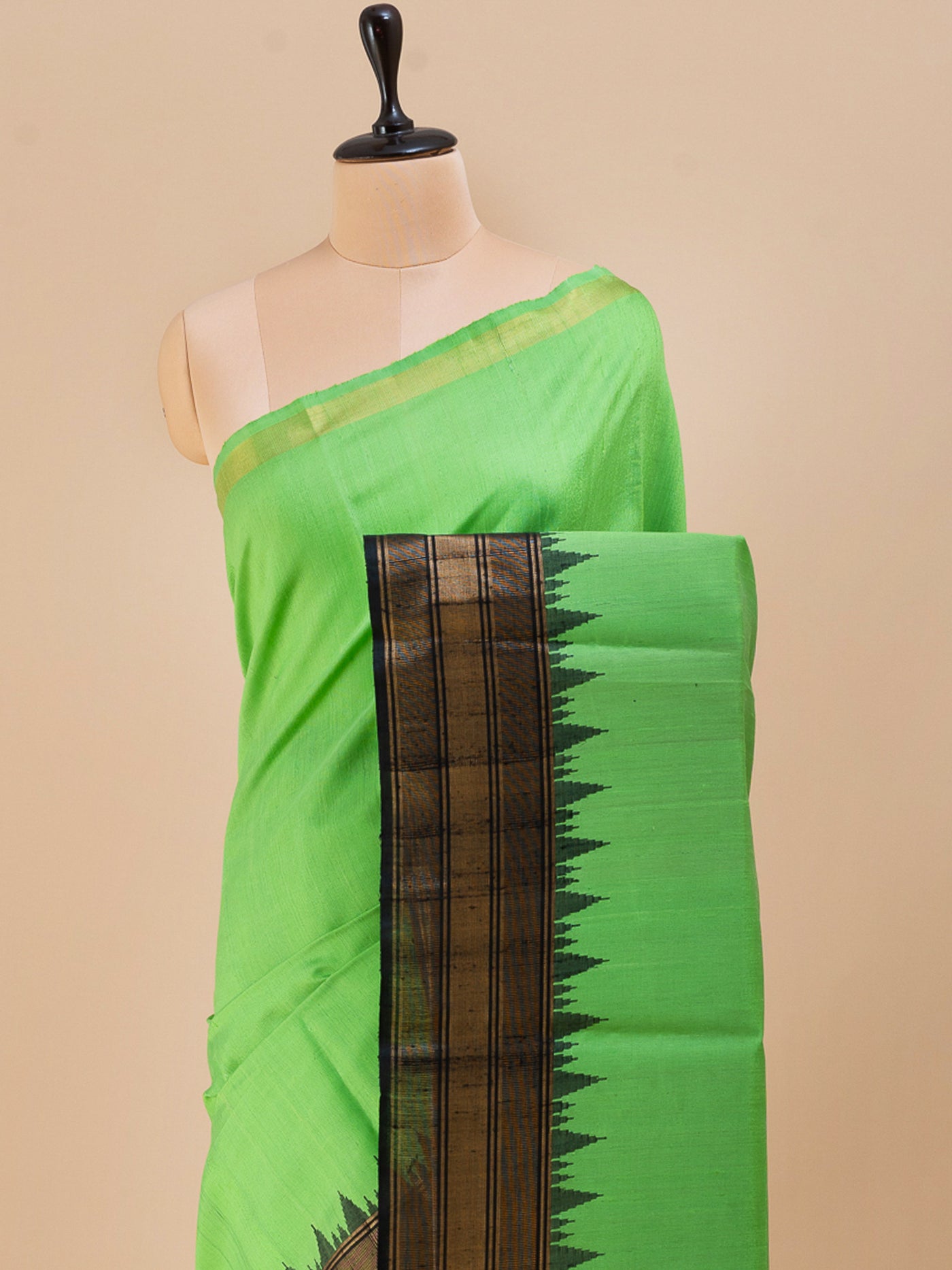 Apple green and black pure dupian raw silk saree