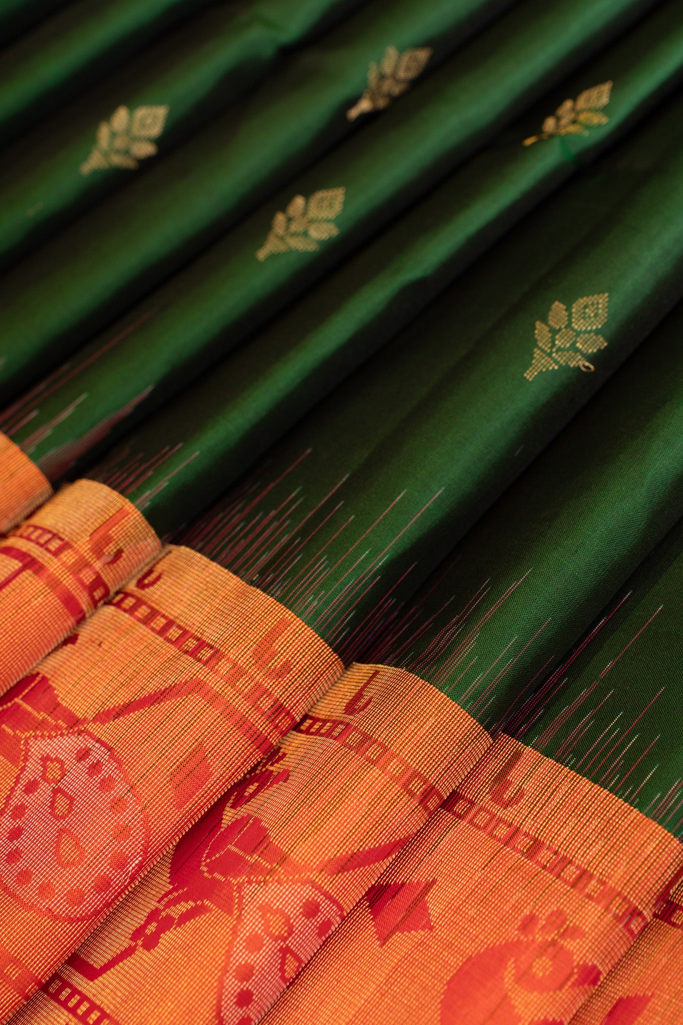 Emerald green and orange Paithani pure soft silk saree